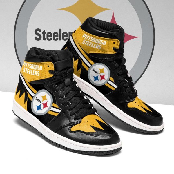 Men's Pittsburgh Steelers High Top Leather AJ1 Sneakers 002 Men's Pittsburgh Steelers High Top Leather AJ1 Sneakers 002